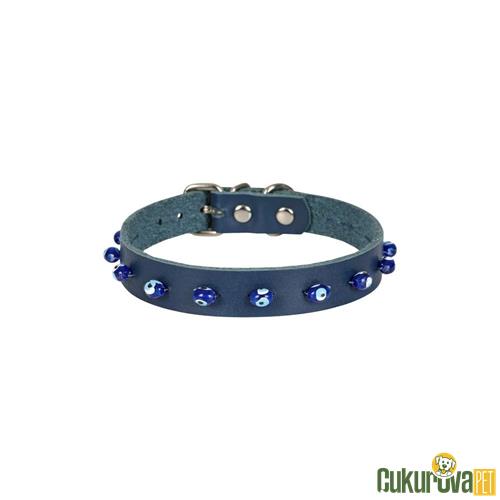 CATTIE GERÇEK DERİDEN EL YAPIMI BONCUKLU KEDİ BOYUN TASMASI XL - 1.5 MM x 28 - 32 CM - ROYAL MAVİ