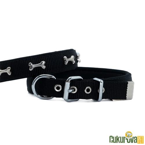 DOGGIE KONFORLU DOKUMADAN EL YAPIMI KEMİK SÜSLÜ KÖPEK BOYUN TASMASI S - 2 x 30 - 35 CM - SİYAH