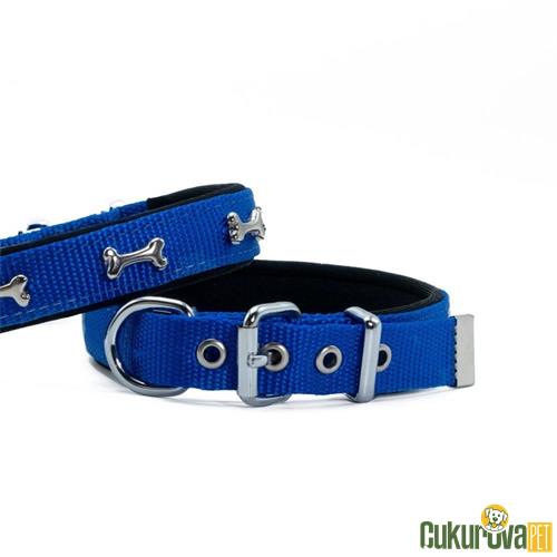 DOGGIE KONFORLU DOKUMADAN EL YAPIMI KEMİK SÜSLÜ KÖPEK BOYUN TASMASI 2 x 35 - 40 CM - ROYAL BLUE