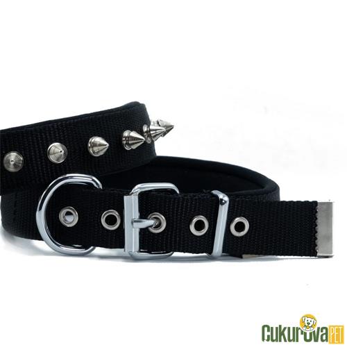 DOGGIE KONFORLU DOKUMADAN EL YAPIMI ÇİVİLİ KÖPEK BOYUN TASMASI M - 2.5 x 37 - 45 CM - SİYAH