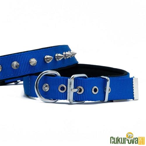 DOGGIE KONFORLU DOKUMADAN EL YAPIMI ÇİVİLİ KÖPEK BOYUN TASMASI M - 2.5 x 37 - 45 CM - ROYAL MAVİ