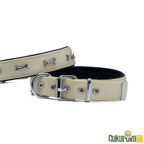 DOGGIE KONFORLU DOKUMADAN EL YAPIMI KEMİK SÜSLÜ KÖPEK BOYUN TASMASI 2 x 30 - 35 CM - HAKİ