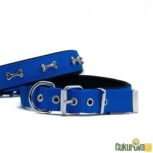 DOGGIE KONFORLU DOKUMADAN EL YAPIMI KEMİK SÜSLÜ KÖPEK BOYUN TASMASI 2 x 30 - 35 CM - ROYAL MAVİ