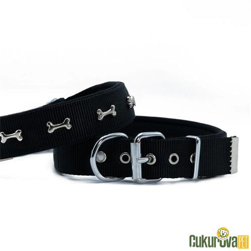DOGGIE KONFORLU DOKUMADAN EL YAPIMI KEMİK SÜSLÜ KÖPEK BOYUN TASMASI M - 2 x 35 - 40 CM - SİYAH