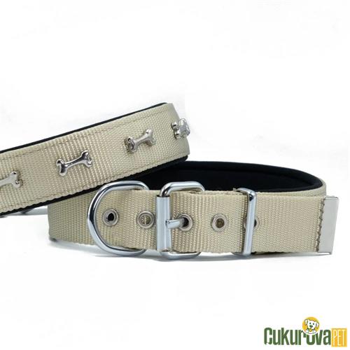 DOGGIE KONFORLU DOKUMADAN EL YAPIMI KEMİK SÜSLÜ KÖPEK BOYUN TASMASI M -  3 x 42 - 50 CM - HAKİ