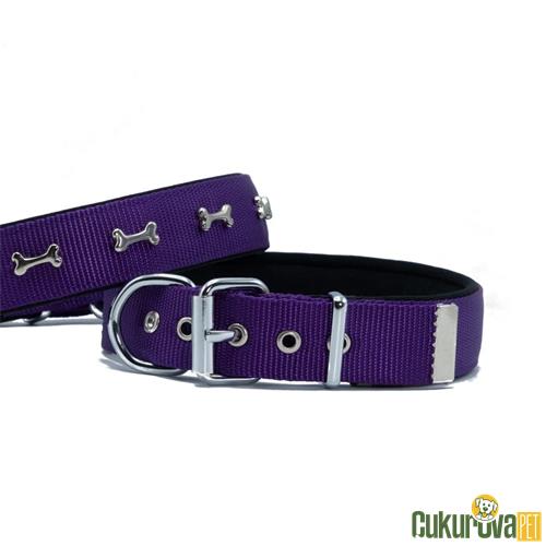 DOGGIE KONFORULU DOKUMADAN EL YAPIMI KEMİK SÜSLÜ KÖPEK BOYUN TASMASI M - 3 x 42 - 50 CM - MOR
