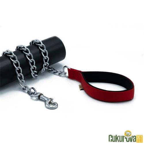 DOGGIE KONFORLU DOKUMADAN EL YAPIMI ZİNCİRLİ KÖPEK GEZDİRME KAYIŞI M - 2 x 110 CM - KIRMIZI