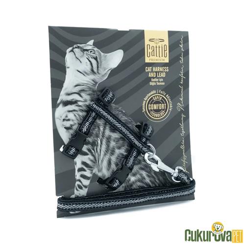 CATTIE ÖZEL DESENLİ DOKUMADAN EL YAPIMI KEDİ GÖĞÜS & GEZDİRME TAKIMI S - 1 MM x 25 - 40 CM - SİYAH