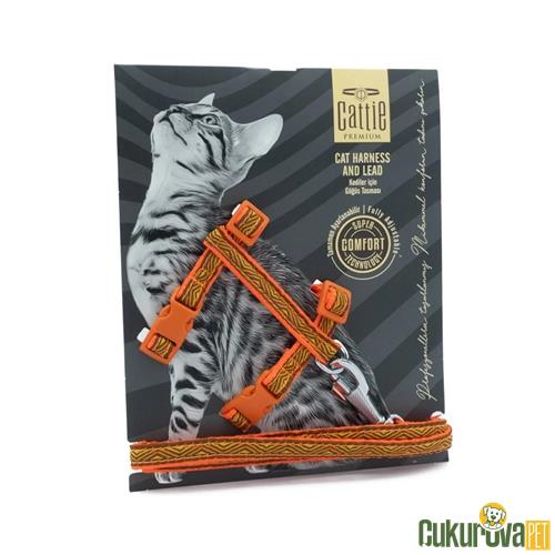CATTIE ÖZEL DESENLİ DOKUMADAN EL YAPIMI KEDİ GÖĞÜS & GEZDİRME TAKIMI S - 1 MM x 25 - 40 CM - TURUNCU 