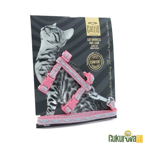 CATTIE ÖZEL DESENLİ DOKUMADAN EL YAPIMI KEDİ GÖĞÜS GEZDİRME TAKIMI  S - 1 MM x 25 - 40 CM - PEMBE