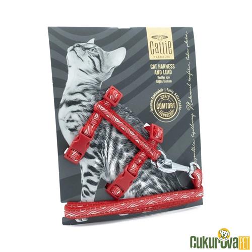 CATTIE ÖZEL DESENLİ DOKUMADAN EL YAPIMI KEDİ GÖĞÜS & GEZDİRME TAKIMI S - 1 x 25 - 40 CM - KIRMIZI