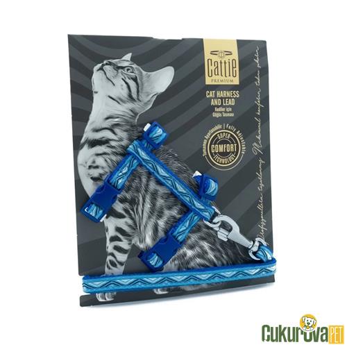 CATTIE ÖZEL DESENLİ DOKUMADAN EL YAPIMI KEDİ GÖĞÜS & GEZDİRME TAKIMI S - 1 MM x 25 - 40 CM - ROYAL MAVİ