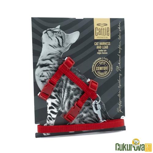 CATTIE DOKUMADAN EL YAPIMI KEDİ GÖĞÜS & GEZDİRME TAKIMI S - 1 MM x 25 - 40 CM - KIRMIZI