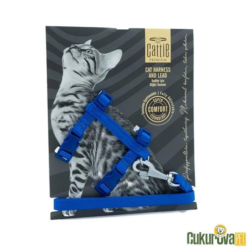CATTIE DOKUMADAN EL YAPIMI KEDİ GÖĞÜS & GEZDİRME TAKIMI S - 1 MM x 25 - 40 CM - ROYAL MAVİ