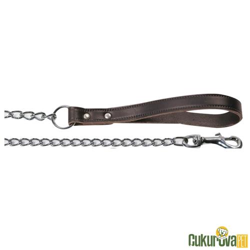 KARLIE DERİ SAPLI ZİNCİR KÖPEK GEZDİRME KAYIŞI 100 CM - 3 MM ( KAHVERENGİ )