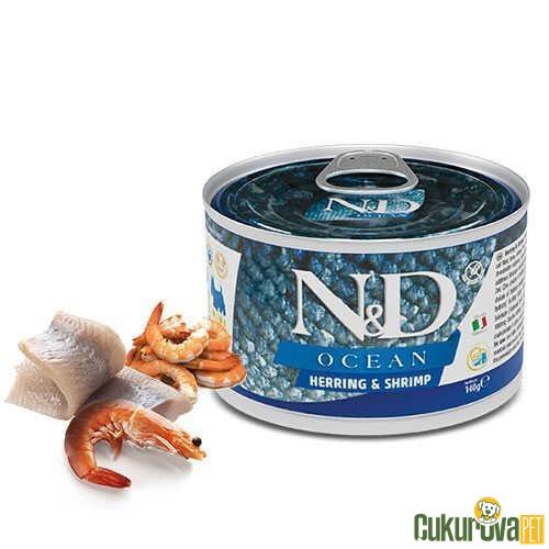 N & D OCEAN RİNGA BALIKLI VE KARİDESLİ TAHILSIZ KÜÇÜK IRK YETİŞKİN KÖPEK KONSERVESİ 140 GR
