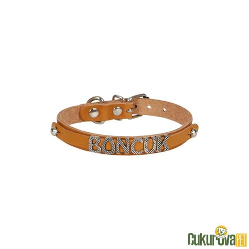 CATTIE GERÇEK DERİDEN EL YAPIMI İSİMLİKLİ KEDİ BOYUN TASMASI L - 1.2 MM x 25 - 29 CM - KAMEL