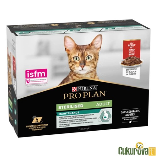 PRO PLAN POUCH SOS İÇİNDE SIĞIR ETLİ KISIRLAŞTIRILMIŞ KEDİ YAŞ MAMASI 85 GR 10'LU