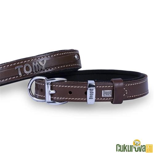 DOGGIE KONFORLU GERÇEK DERİDEN EL YAPIMI İSİMLİKLİ KÖPEK BOYUN TASMASI M - 2 x 35 - 40 CM - KAHVERENGİ