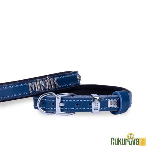 DOGGIE KONFORLU GERÇEK DERİDEN EL YAPIMI İSİMLİKLİ KÖPEK BOYUN TASMASI S - 2 x 30 - 35 CM - ROYAL MAVİ