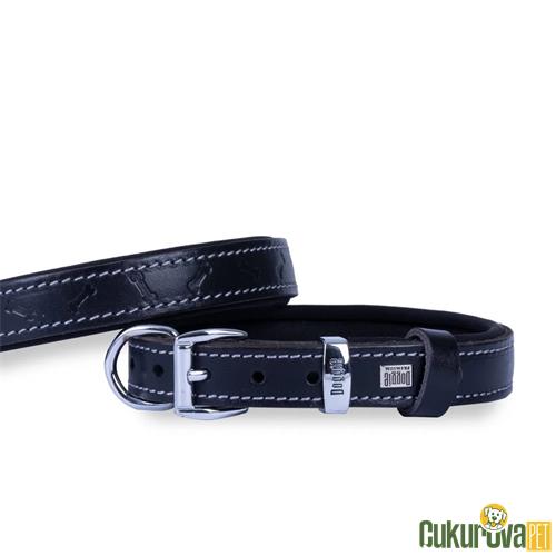 DOGGIE KONFORLU GERÇEK DERİDEN EL YAPIMI KEMİK DESENLİ KÖPEK BOYUN TASMASI M - 2 x 30 - 35 CM - SİYAH
