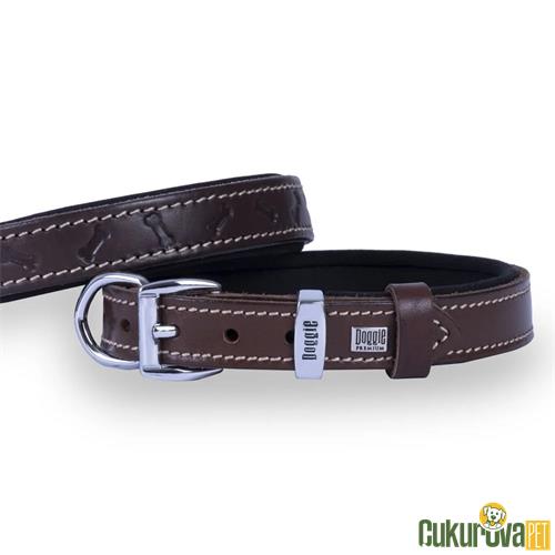 DOGGIE KONFORLU GERÇEK DERİDEN EL YAPIMI KEMİK DESENLİ KÖPEK BOYUN TASMASI M - 2 x 35 - 40 CM - KAHVERENGİ