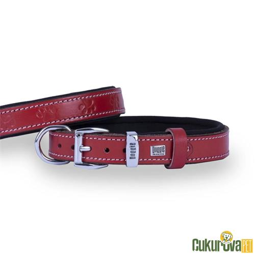 DOGGIE KONFORLU GERÇEK DERİDEN EL YAPIMI PATİ DESENLİ KÖPEK BOYUN TASMASI M - 2 x 35 - 40 CM - KIRMIZI