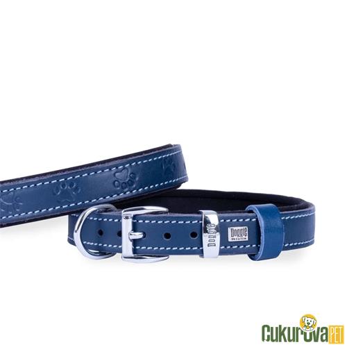 DOGGIE KONFORLU GERÇEK DERİDEN EL YAPIMI PATİ DESENLİ KÖPEK BOYUN TASMASI M - 2 x 35 - 40 CM - ROYAL MAVİ