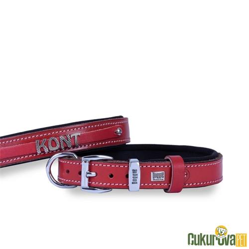 DOGGIE KONFORLU GERÇEK DERİDEN EL YAPIMI İSİMLİKLİ KÖPEK BOYUN TASMASI M - 2.5 x 37 - 45 CM - KIRMIZI