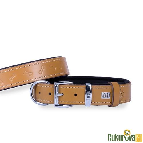DOGGIE KONFORLU GERÇEK DERİDEN EL YAPIMI KEMİK DESENLİ KÖPEK BOYUN TASMASI M - 2.5 x 37 - 45 CM - KAMEL