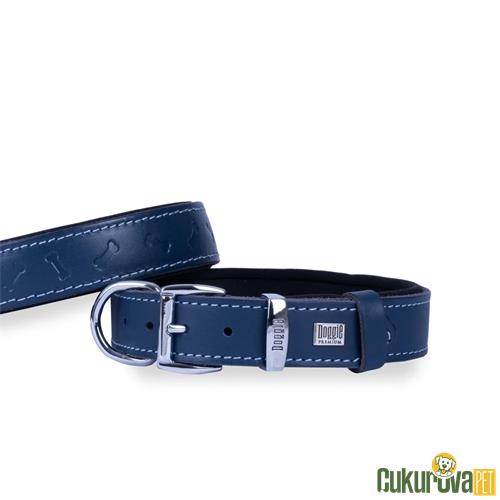 DOGGIE KONFORLU GERÇEK DERİDEN EL YAPIMI KEMİK DESENLİ KÖPEK BOYUN TASMASI M - 2.5 x 37 - 45 CM - ROYAL MAVİ