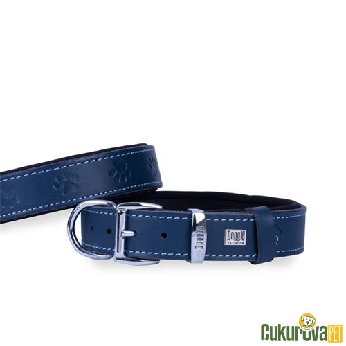 DOGGIE KONFORLU GERÇEK DERİDEN EL YAPIMI PATİ DESENLİ KÖPEK BOYUN TASMASI M - 2.5 x 37 - 45 CM - ROYAL MAVİ