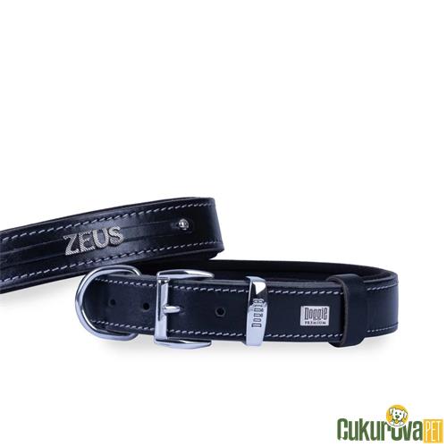 DOGGIE KONFORLU GERÇEK DERİDEN EL YAPIMI İSİMLİKLİ KÖPEK BOYUN TASMASI M - 3 x 42 - 50 CM - SİYAH