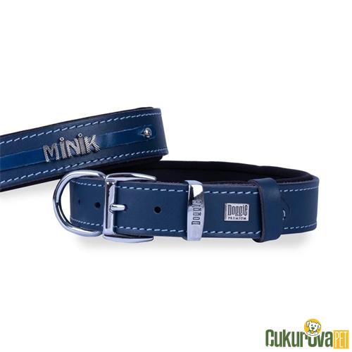 DOGGIE KONFORLU GERÇEK DERİDEN EL YAPIMI İSİMLİKLİ KÖPEK BOYUN TASMASI M -  3 x 42 - 50 CM - ROYAL MAVİ