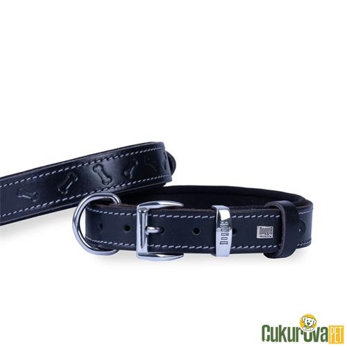 DOGGIE KONFORLU GERÇEK DERİDEN EL YAPIMI KEMİK DESENLİ KÖPEK BOYUN TASMASI M - 3 x 42 - 50 CM - SİYAH