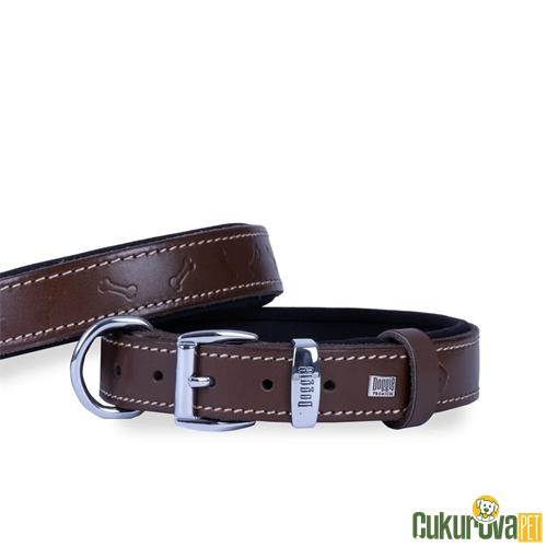 DOGGIE KONFORLU GERÇEK DERİDEN EL YAPIMI KEMİK DESENLİ KÖPEK BOYUN TASMASI M - 2.5 x 37 - 45 CM - KAHVERENGİ