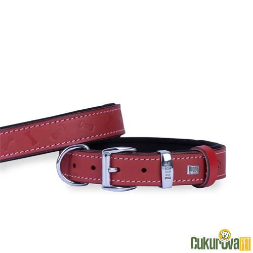DOGGIE KONFORLU GERÇEK DERİDEN EL YAPIMI KEMİK DESENLİ KÖPEK BOYUN TASMASI M - 3 x 42 - 50 CM - KIRMIZI