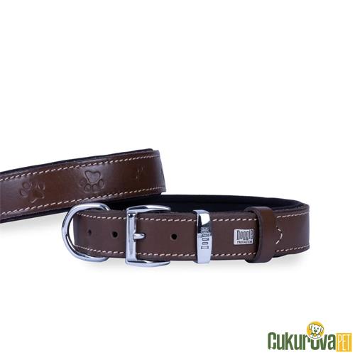 DOGGIE KONFORLI GERÇEK DERİDEN EL YAPIMI PATİ DESENLİ KÖPEK BOYUN TASMASI M - 3 x 42 - 50 CM - KAHVERENGİ