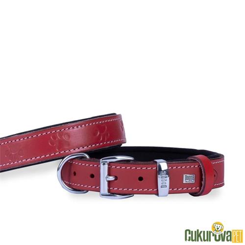 DOGGIE KONFORLU GERÇEK DERİDEN EL YAPIMI PATİ DESENLİ KÖPEK BOYUN TASMASI M - 3 x 42 - 50 CM - KIRMIZI