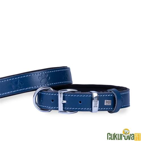 DOGGIE KONFORLU GERÇEK DERİDEN EL YAPIMI PATİ DESENLİ KÖPEK BOYUN TASMASI M - 3 x 42 - 50 CM - ROYAL MAVİ