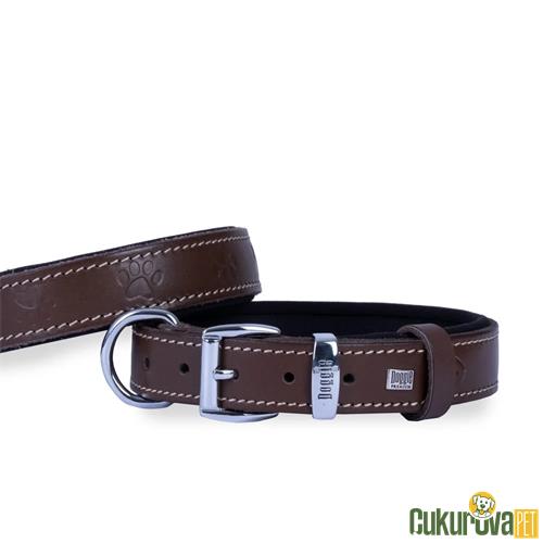 DOGGIE KONFORLU GERÇEK DERİDEN EL YAPIMI PATİ DESENLİ KÖPEK BOYUN TASMASI M - 3.5 x 47 - 55 CM - KAHVERENGİ