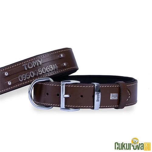 DOGGIE KONFORLU GERÇEK DERİDEN EL YAPIMI ÇİFT İSİMLİKLİ KÖPEK BOYUN TASMASI  M - 3.5 x 47 - 55 CM - KAHVERENGİ