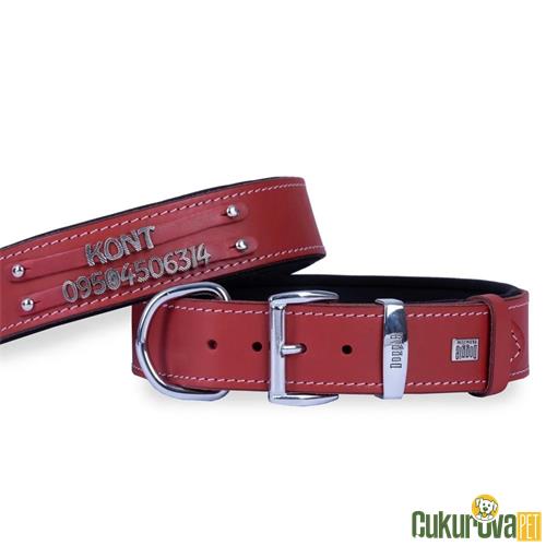 DOGGIE KONFORLU GERÇEK DERİDEN EL YAPIMI ÇİFT İSİMLİKLİ KÖPEK BOYUN TASMASI  L - 3.5 x 52 - 60 CM - KIRMIZI