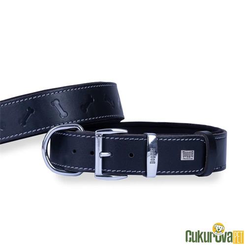 DOGGIE KONFORLU GERÇEK DERİDEN EL YAPIMI KEMİK DESENLİ KÖPEK BOYUN TASMASI M - 4 x 52 - 60 CM - SİYAH