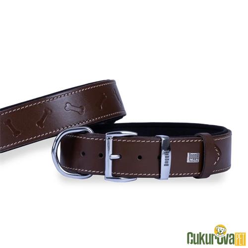DOGGIE KONFORLU GERÇEK DERİDEN EL YAPIMI KEMİK DESENLİ KÖPEK BOYUN TASMASI S - 4 x 47 - 55 CM - KAHVERENGİ
