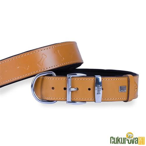 DOGGIE KONFORLU GERÇEK DERİDEN EL YAPIMI KEMİK DESENLİ KÖPEK BOYUN TASMASI S - 4 x 47 - 55 CM - KAMEL