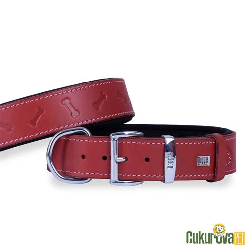 DOGGIE KONFORLU GERÇEK DERİDEN EL YAPIMI KEMİK DESENLİ KÖPEK BOYUN TASMASI L - 4 x 57 - 65 CM - KIRMIZI
