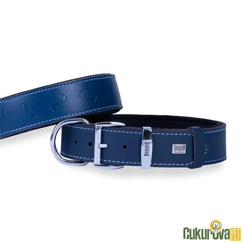 DOGGIE KONFORLU GERÇEK DERİDEN EL YAPIMI KEMİK DESENLİ KÖPEK BOYUN TASMASI M - 4 x 52 - 60 CM - ROYAL MAVİ