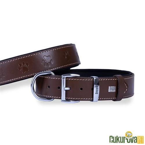 DOGGIE KONFORLU GERÇEK DERİDEN EL YAPIMI PATİ DESENLİ KÖPEK BOYUN TASMASI M - 4 x 52 - 60 CM - KAHVERENGİ