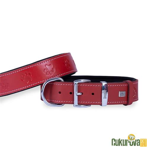 DOGGIE KONFORLU GERÇEK DERİDEN EL YAPIMI PATİ DESENLİ KÖPEK BOYUN TASMASI M - 4 x 52 - 60 CM - KIRMIZI
